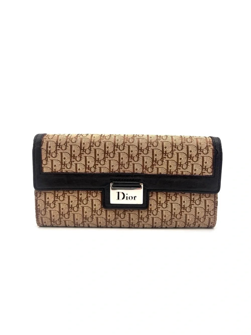Authentic Christian DIOR Canvas x Leather Monogram Folding Long Wallet